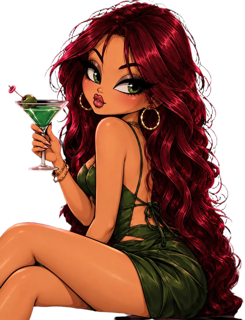 Appletini, illustrated: long wavy red hair, gold hoops, a green satin dress, an appletini with an olive in hand.