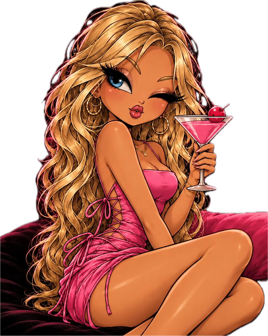 Cosmo, illustrated: long wavy honey-blonde hair, a wink, gold hoops, a hot-pink dress, a cosmo with a cherry in hand.